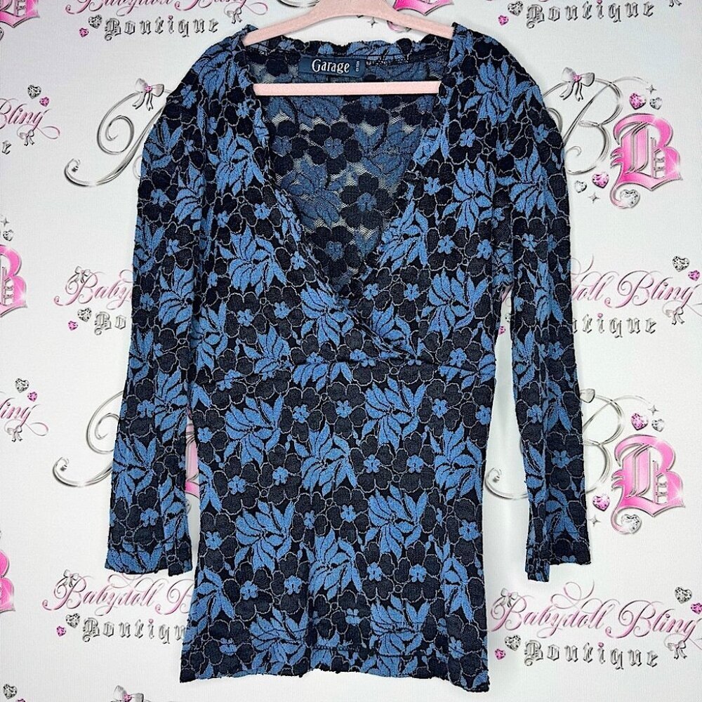 Garage top long sleeve lace blue mesh floral flowers v neck ruffle trim cute